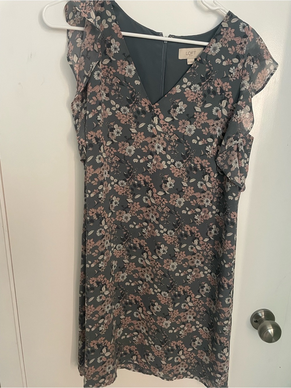 LOFT Charcoal Midi Dress with Dusty Pink Floral Print